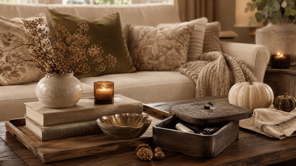 Herbstlich dekorierter Couchtisch mit schöner dunkler Aufbewahrungsbox für Fernbedienung und Kleinkram, kombiniert mit Bildbänden, Keramikvase, Kerze, Holztablett, Schale, Leinentuch und kleinen Kürbissen in einem warmen Wohnzimmer.