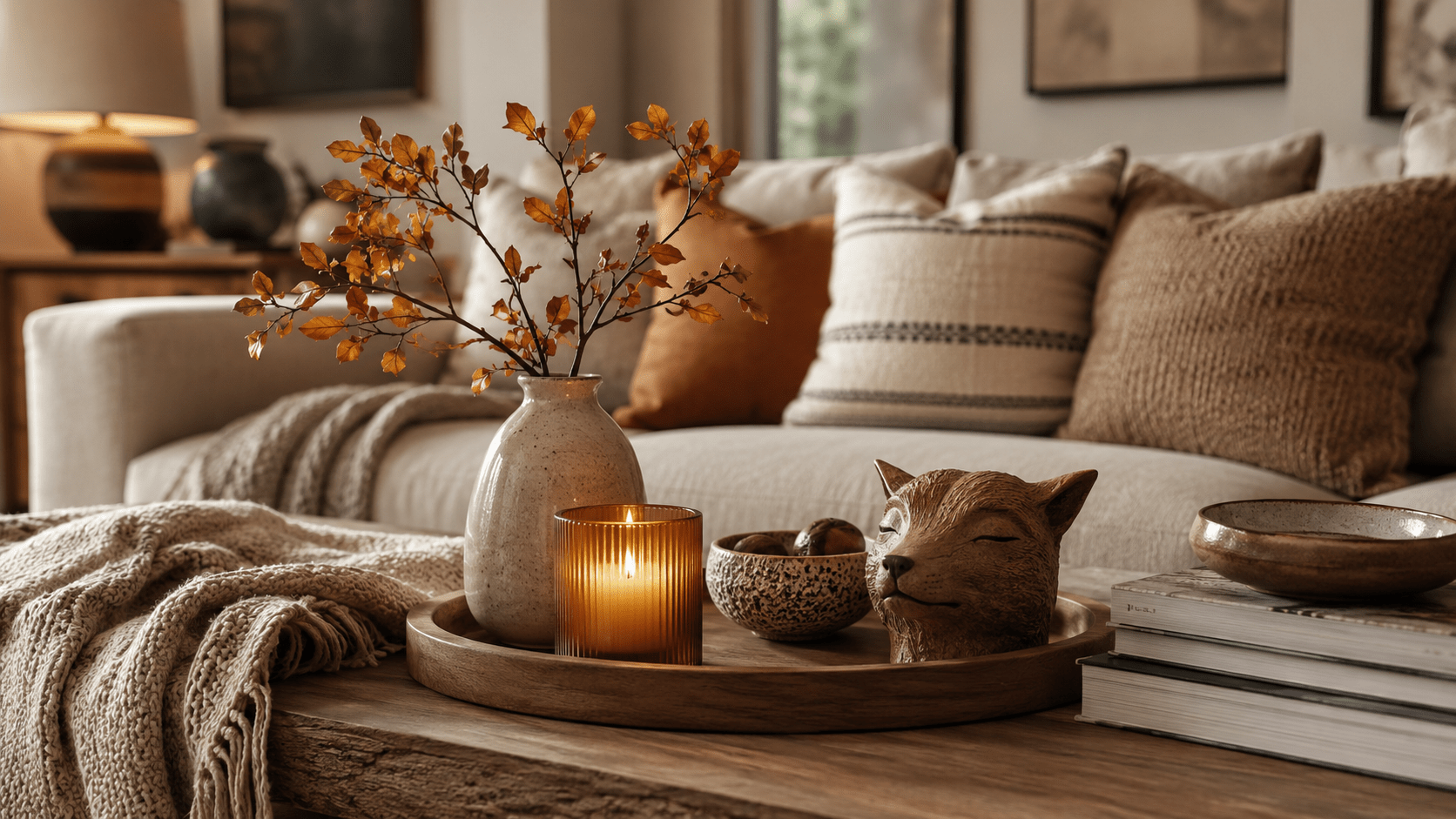 Hyperrealistische Herbstdeko auf einem Couchtisch mit rundem Holztablett, Keramikvase mit herbstlichen Zweigen, leuchtender Kerze, kleiner strukturierten Schale und einer charmanten Fuchsfigur als persönlichem Dekoobjekt vor einem gemütlichen Sofa in warmen Naturtönen.