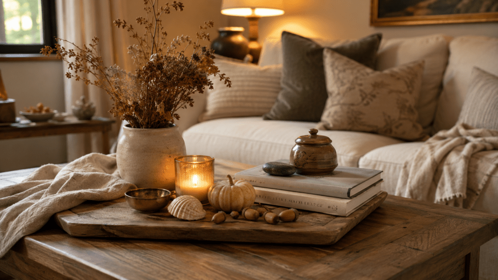 Herbstlich dekorierter Couchtisch mit persönlichen Reisesouvenirs und Sammlerstücken wie Muschel, Messingschale, Keramikgefäß und Stein, kombiniert mit Kerze, Trockenblumen, Bildbänden, Leinentuch und kleinen Herbstakzenten in einem gemütlichen Wohnzimmer.