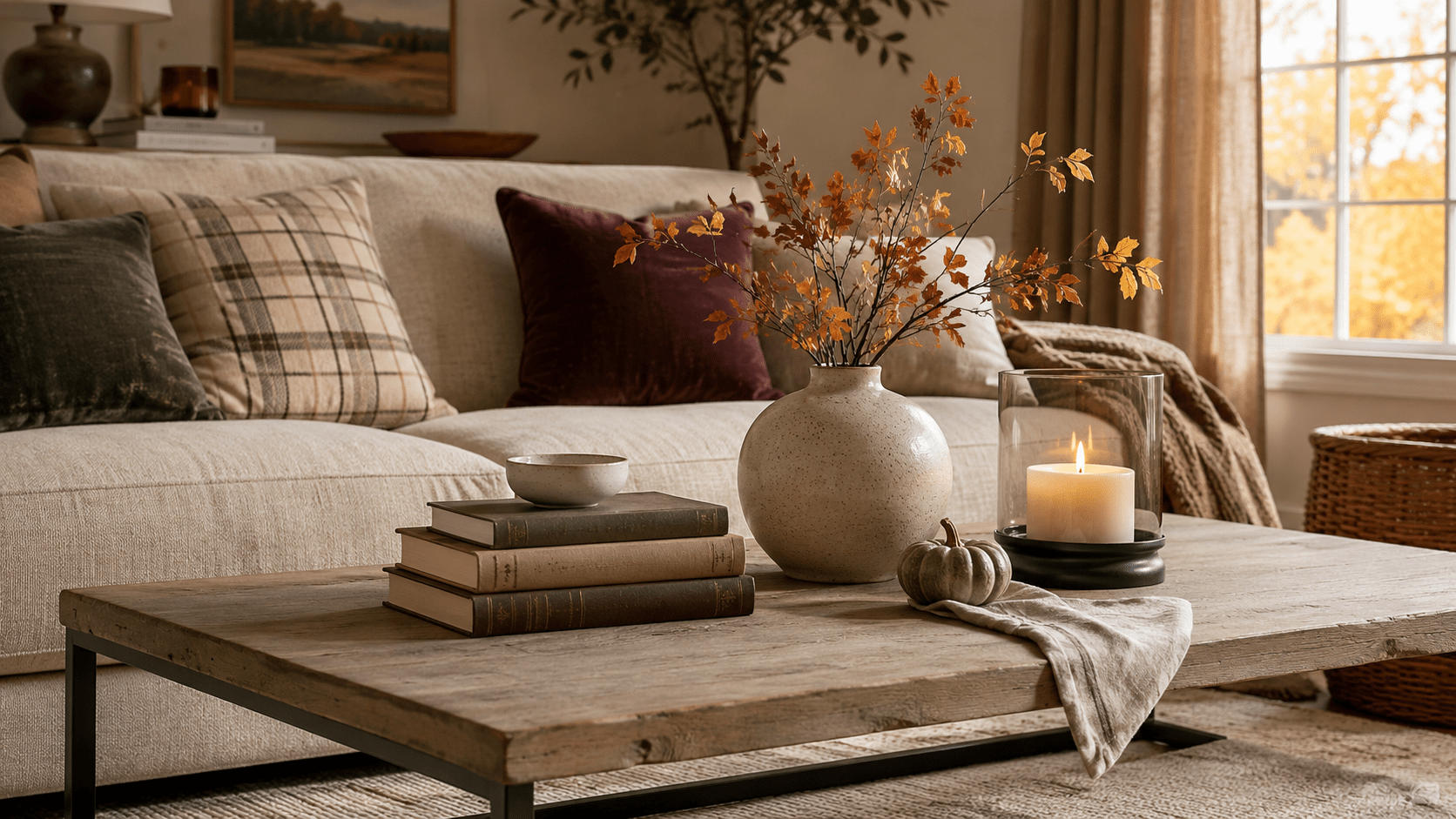 Herbstlich dekorierter Couchtisch mit drei Hauptelementen aus Bücherstapel, bauchiger Keramikvase mit Herbstzweigen und Kerze im Glas, ergänzt durch kleine Schale, Leinentuch und Kürbis in warmen Naturtönen.
