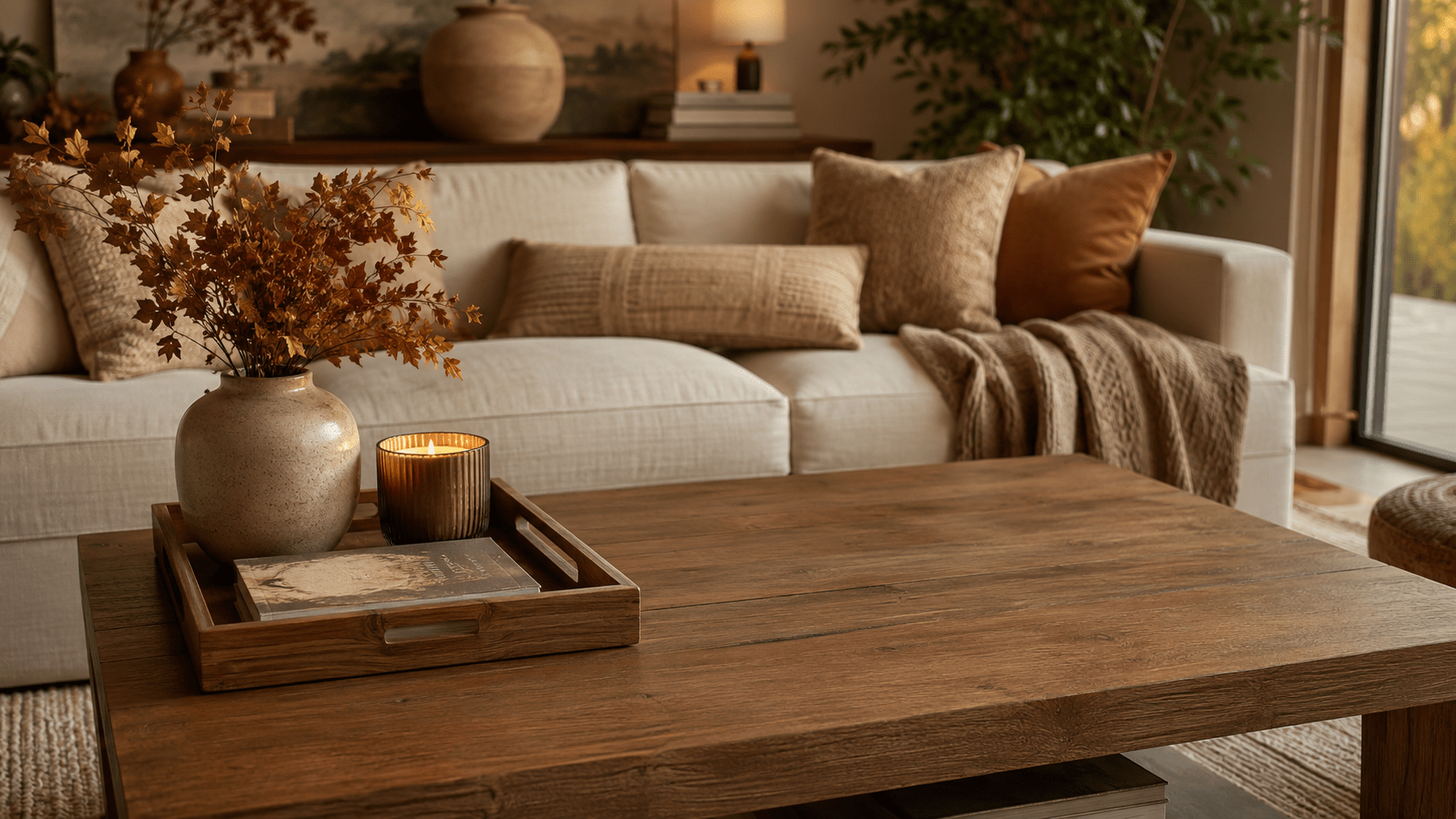 Hyperrealistische Herbstdeko auf einem Couchtisch mit viel freier Holzfläche, kleinem Tablett, Keramikvase mit herbstlichen Zweigen, leuchtender Kerze und Buch vor einem gemütlichen Sofa in warmen Naturtönen.