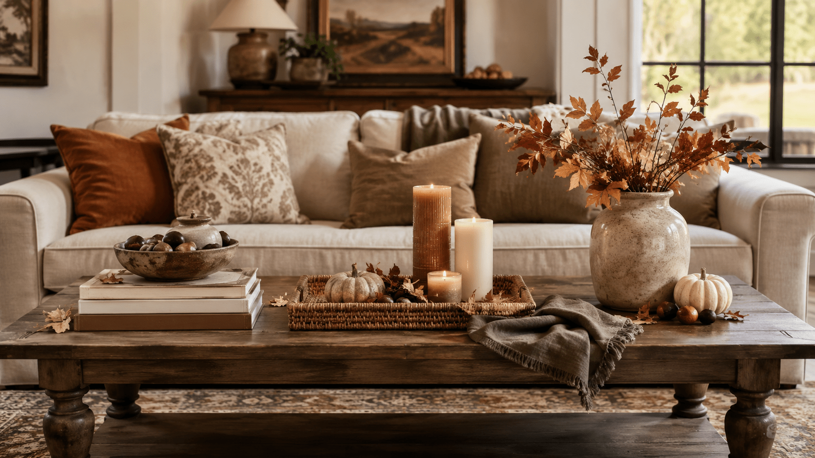 Großer herbstlich dekorierter Couchtisch mit drei abgestimmten Zonen aus Bücherstapel mit Schale, Tablett mit Kerzen und kleiner Kürbisdeko sowie großer Keramikvase mit Herbstzweigen in warmen Naturtönen.