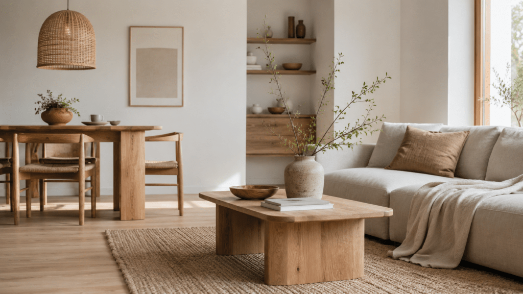 Helles minimalistisches Wohnzimmer mit Eichenmöbeln, Leinensofa, Wollteppich und Keramik.