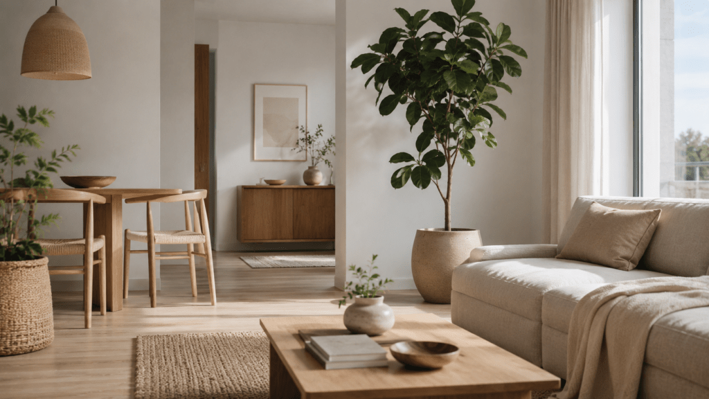 Minimalistisches Wohnzimmer mit großem Ficus, Naturtöpfen und hellen Holzmöbeln.