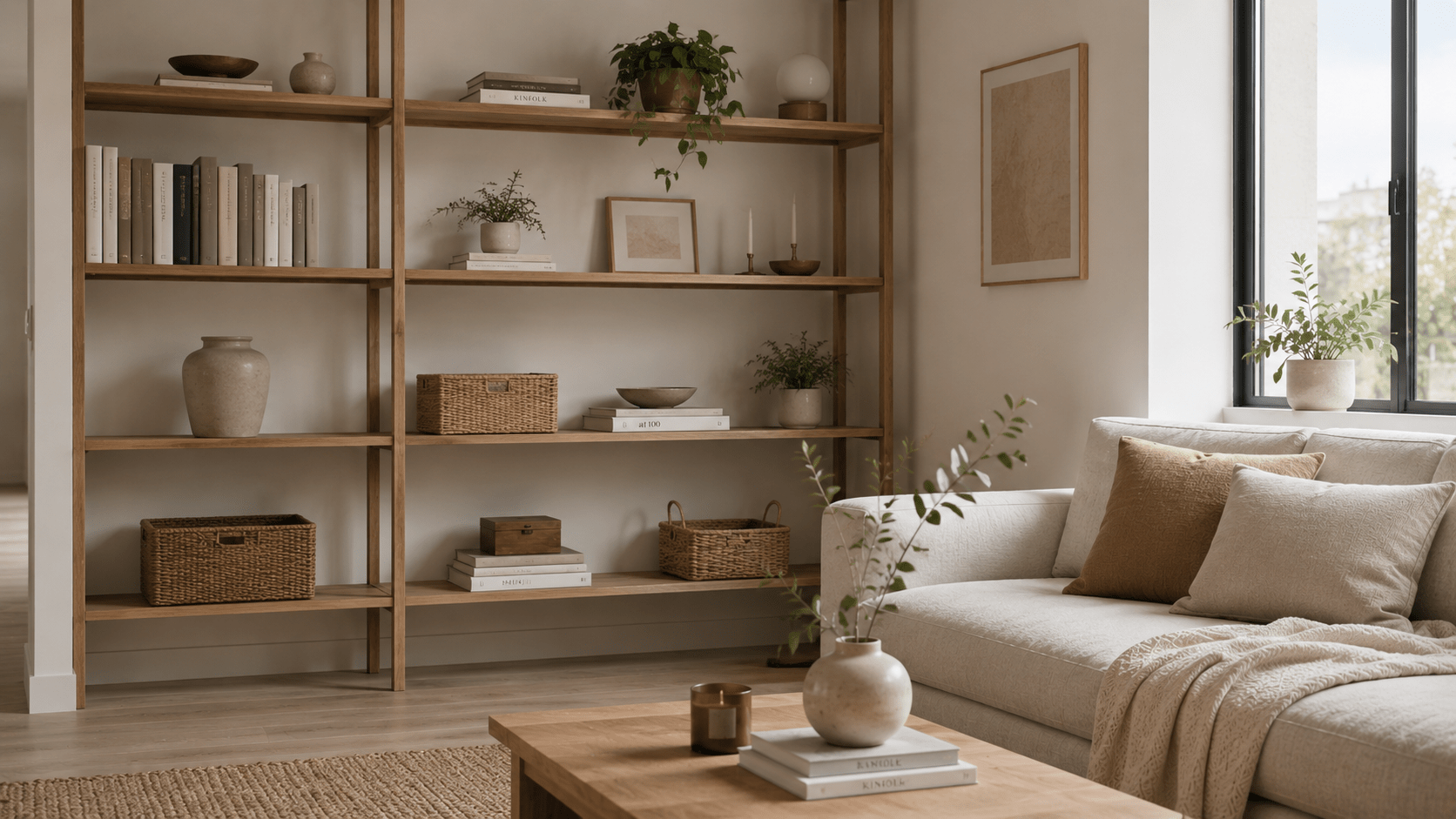Offenes Holzregal mit Büchern, Körben, Pflanzen und minimalistischer Dekoration im Wohnzimmer.