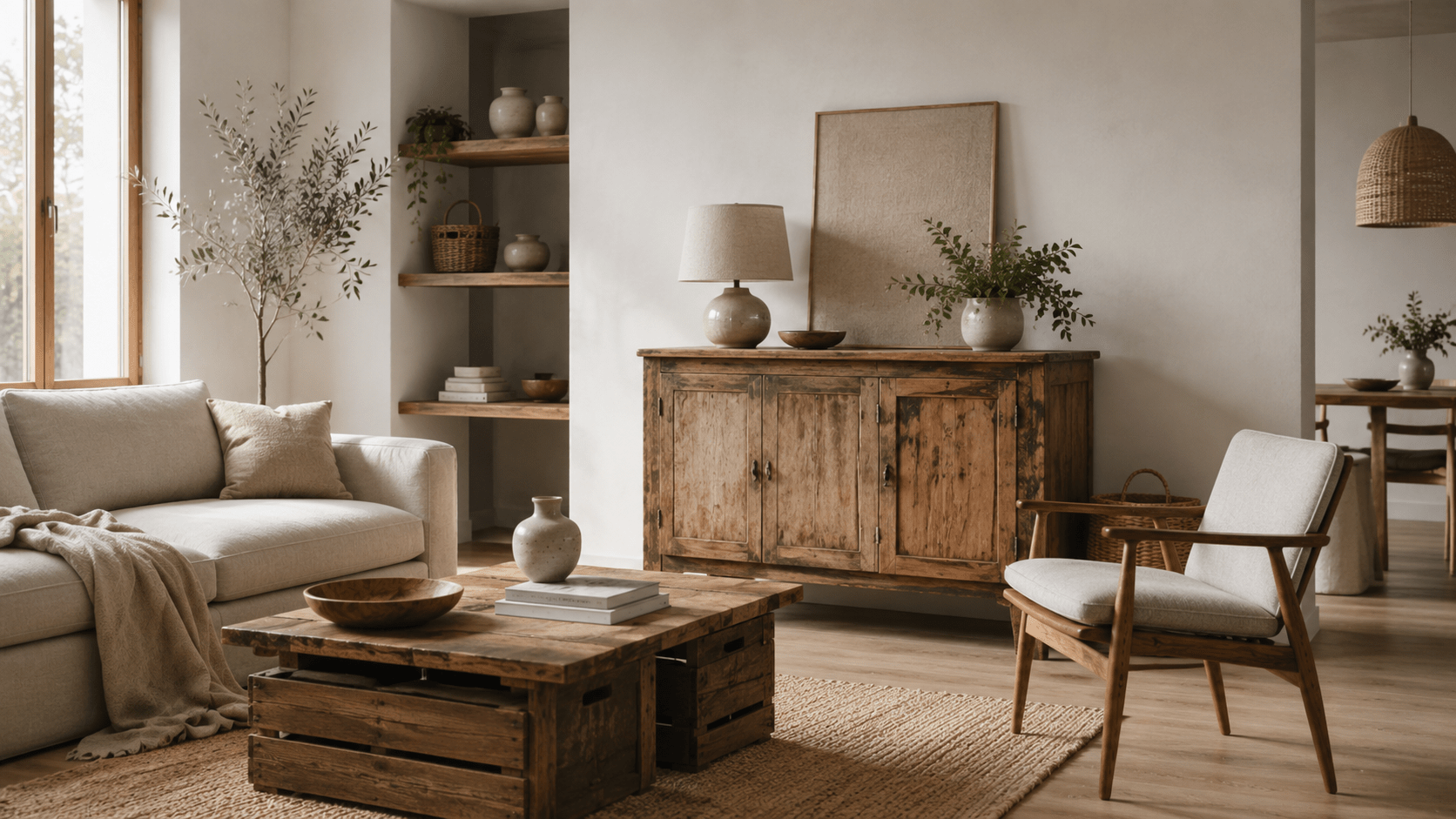 Minimalistisches Wohnzimmer mit restauriertem Holzschrank, Upcycling Couchtisch aus Holzkisten und Secondhand Möbeln in Naturtönen.