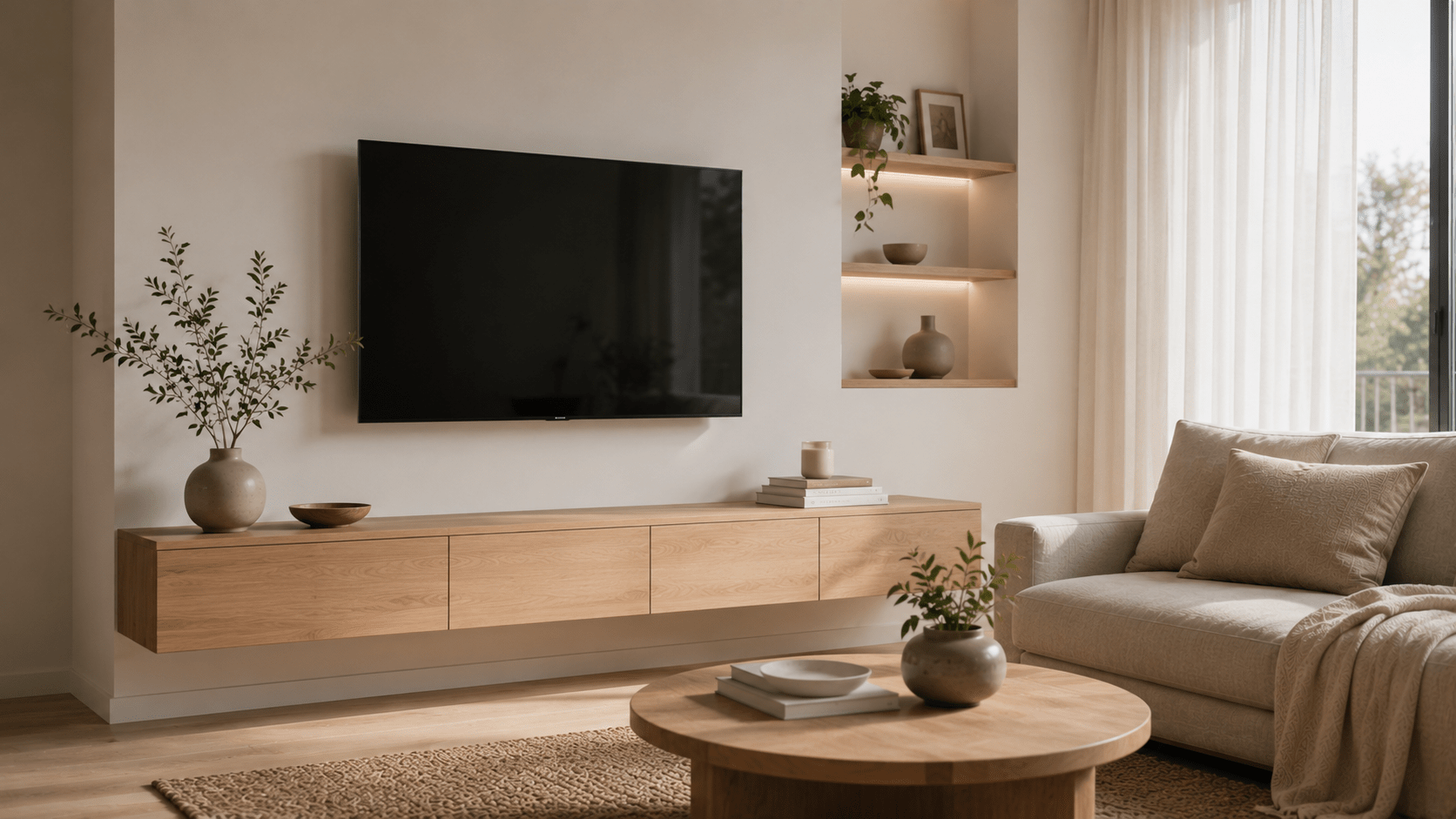 Minimalistisches Wohnzimmer mit wandmontiertem Fernseher, schwebendem Holzboard und unsichtbar verlegten Kabeln.