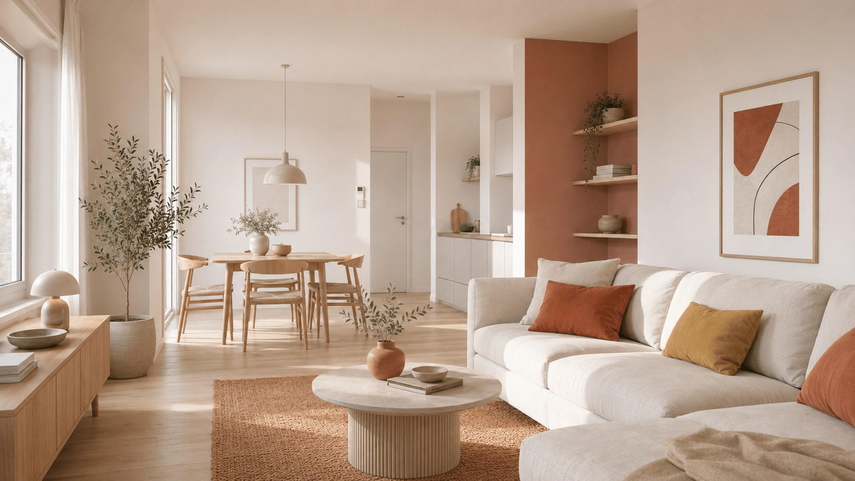 Minimalistisches Wohnzimmer mit Terrakotta-Teppich, Rostwand und warmen Ocker-Akzenten.