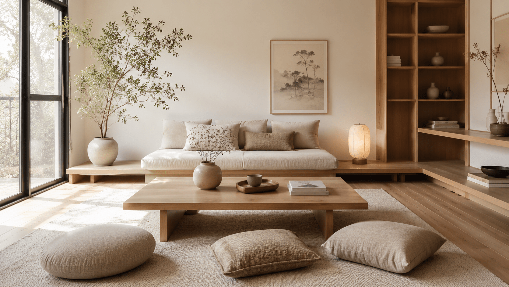 Helles Japandi Wohnzimmer mit niedrigem Holztisch, beigen Sitzkissen, Papierlampe und schlichter Keramik.