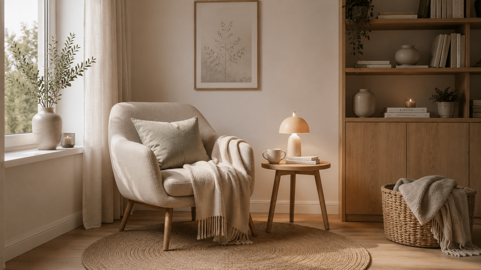 Minimalistische Leseecke mit beigem Sessel, Decke, Holzbeistelltisch und warmer Lampe.