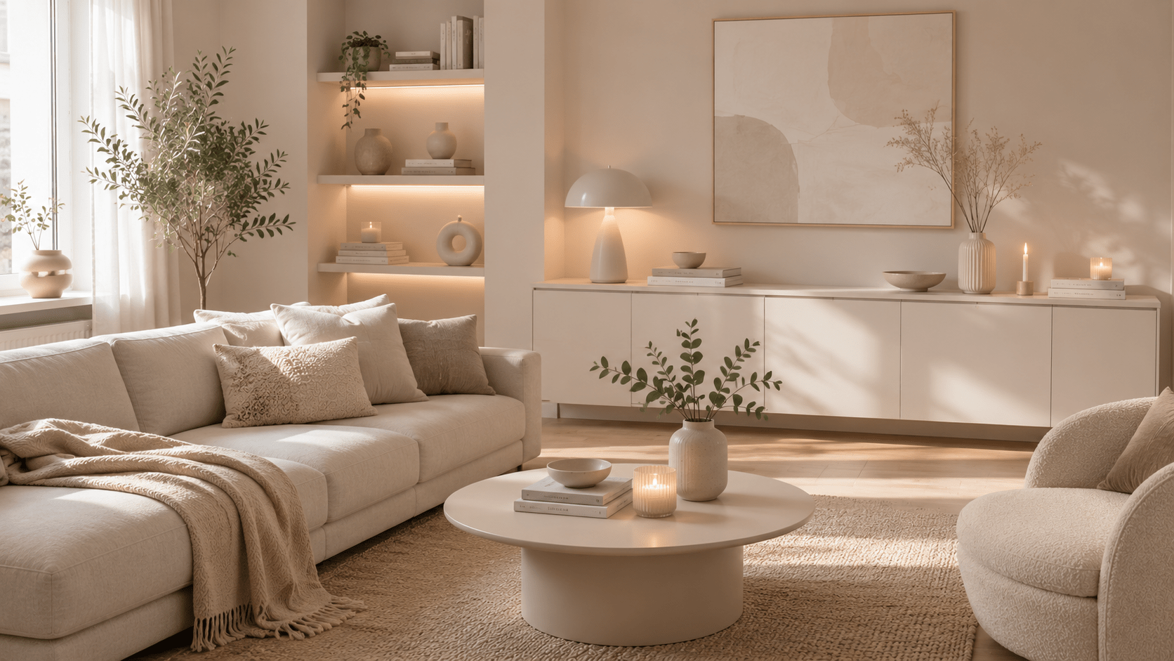 Minimalistisches Wohnzimmer im Ton in Ton Look mit warmen Beigetönen, hellem Sofa, weißem Sideboard und dezenter Dekoration.