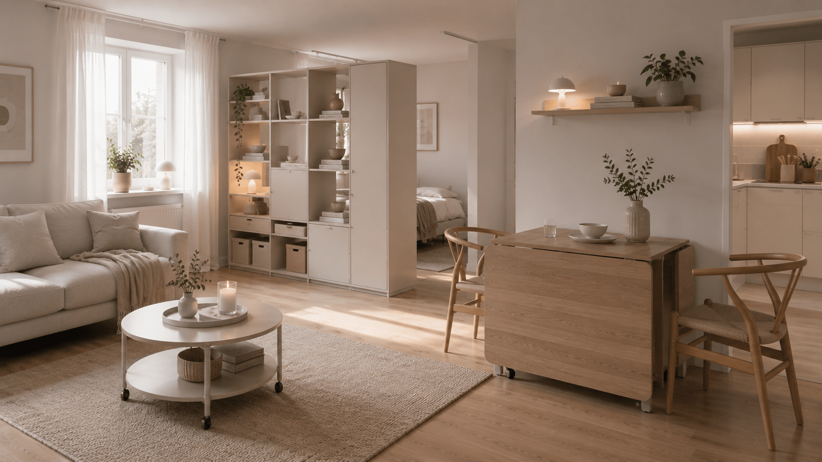 Flexibler minimalistischer Wohnbereich mit Raumteiler, Klapptisch und Couchtisch auf Rollen.