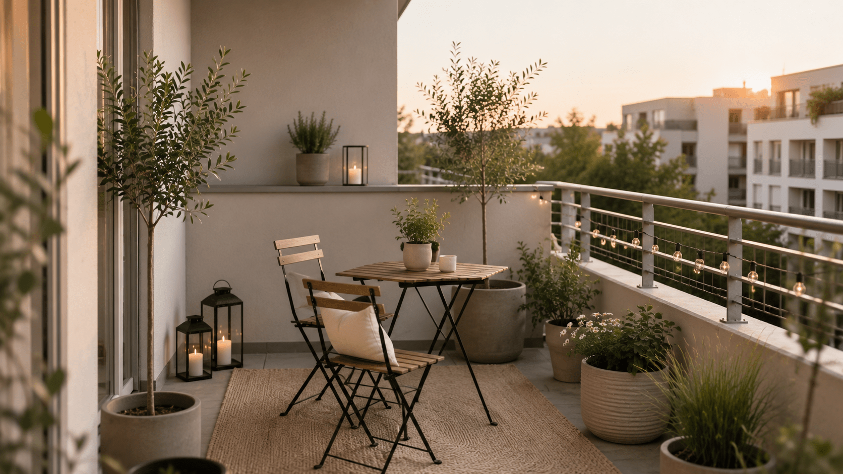 Minimalistischer Balkon mit Holzsitzgruppe, Outdoor Teppich, Kübelpflanzen und warmer Beleuchtung.