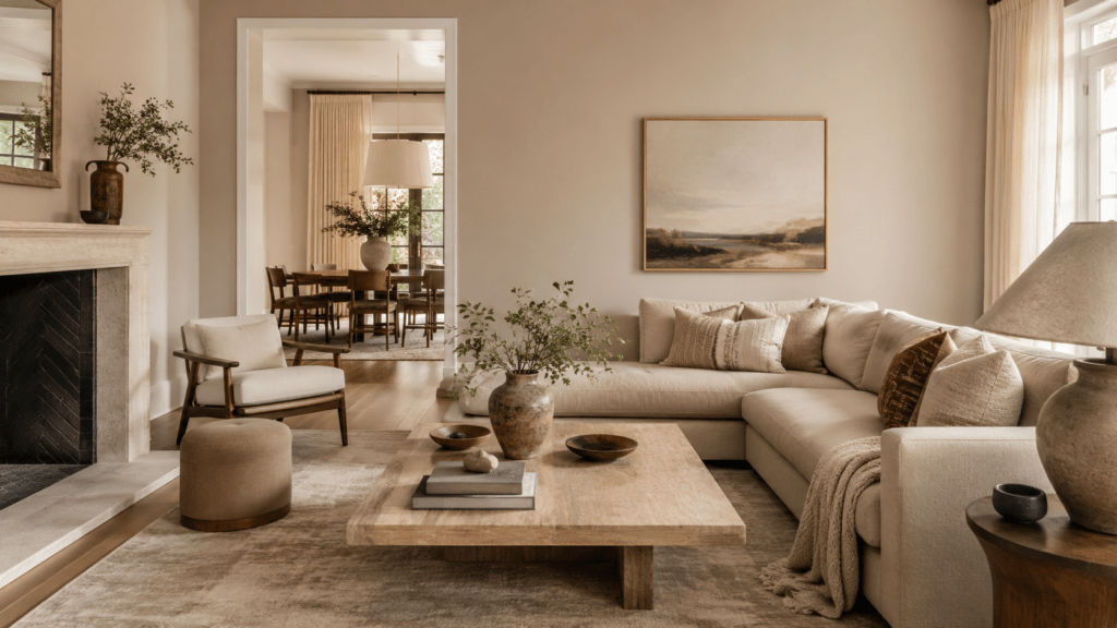 Hyperrealistisches Wohnzimmer in warmen Neutraltönen mit greigen Wänden, beigem Sofa, hellem Holztisch, Naturmaterialien und eleganter Dekoration.