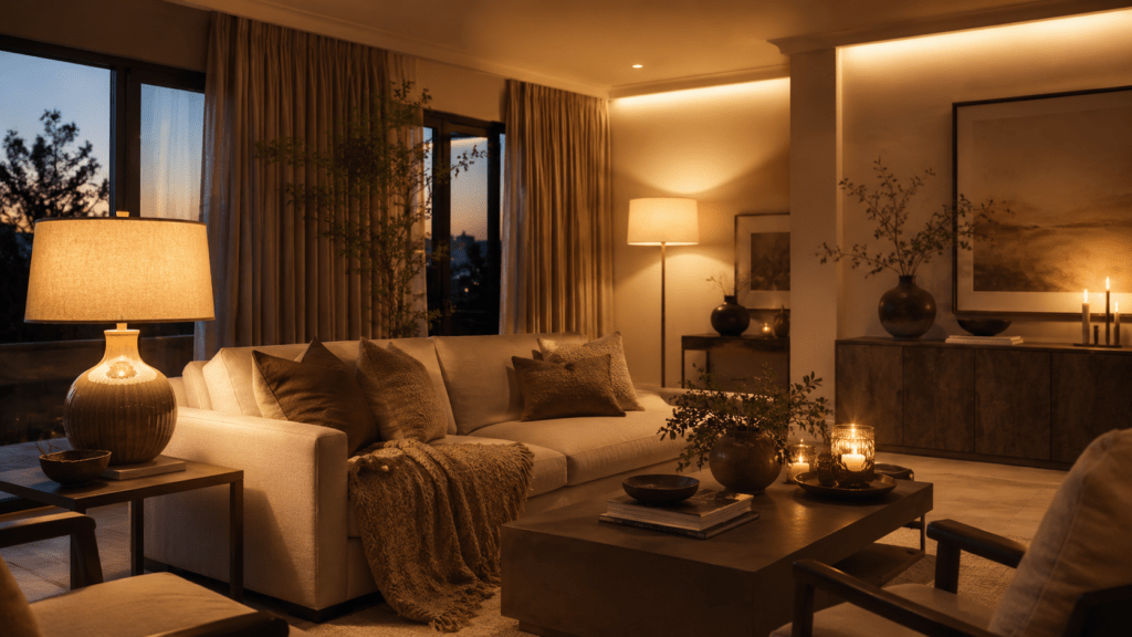Elegantes Wohnzimmer bei Dämmerung mit warm gedimmten Lampen, indirekter Beleuchtung, beigem Sofa und gemütlichen Textilien.