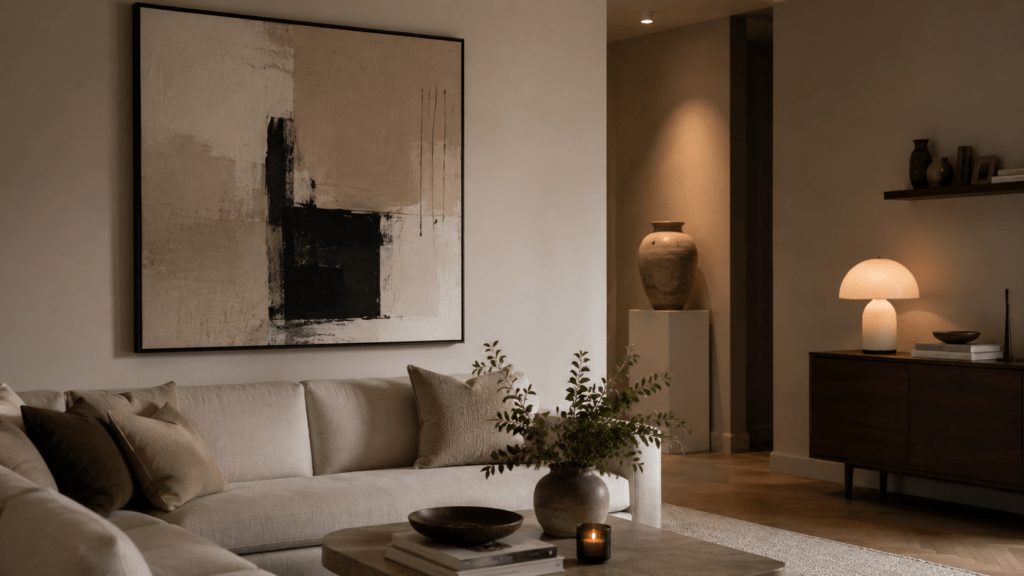 Elegantes Wohnzimmer bei Dämmerung mit warm gedimmten Lampen, indirekter Beleuchtung, beigem Sofa und gemütlichen Textilien.