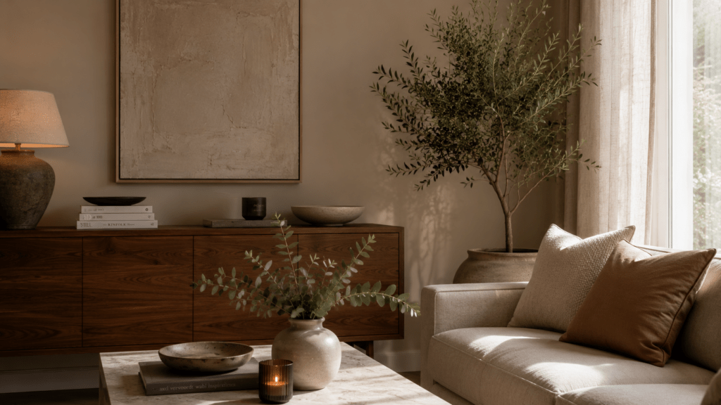 Elegantes Wohnzimmer mit Olivenbaum, Eukalyptuszweigen und ruhiger Naturdekoration.