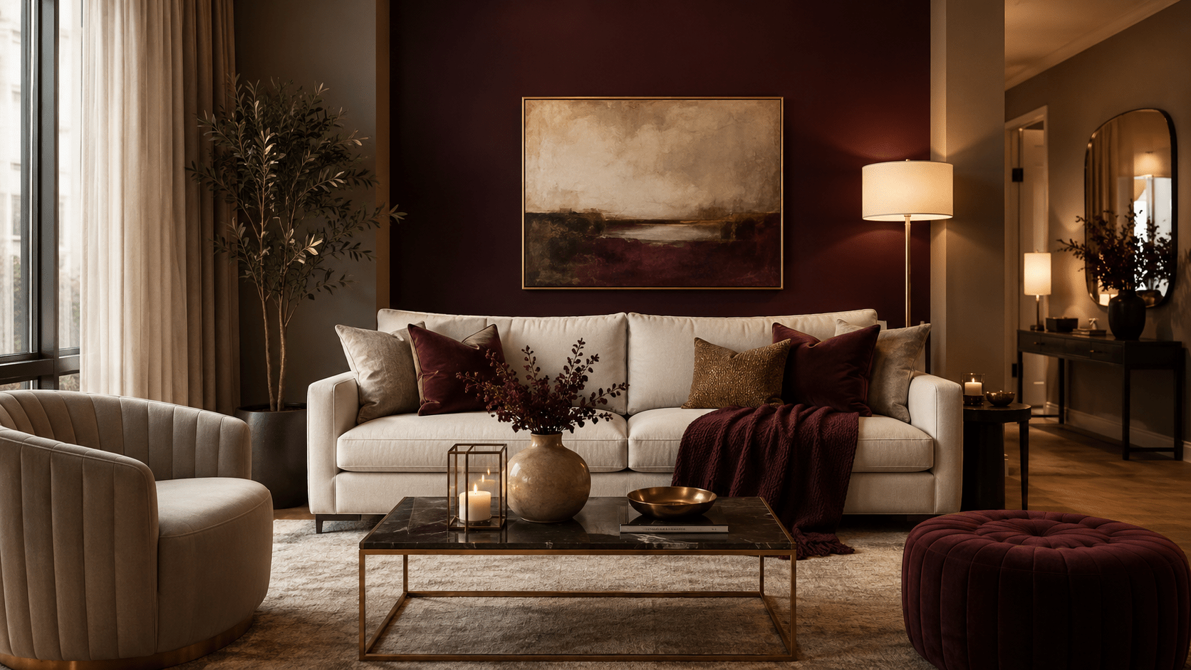 Elegantes Wohnzimmer mit burgunderroter Akzentwand, cremefarbenem Sofa, Samtkissen und goldenen Details für eine hochwertig wirkende Wohnung.