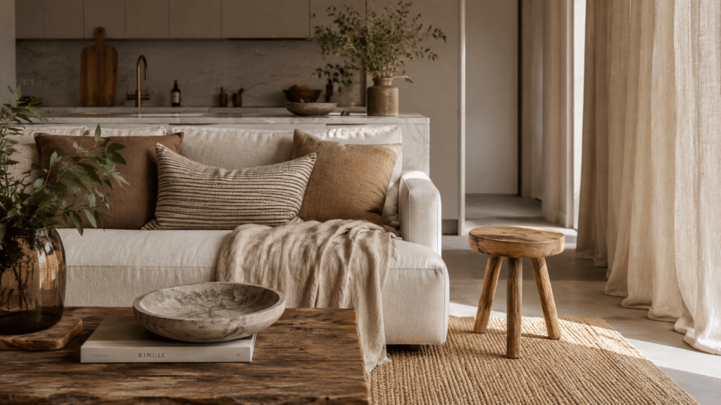 Elegantes Wohnzimmer mit Leinensofa, Holztisch, Juteteppich und heller Natursteinküche.