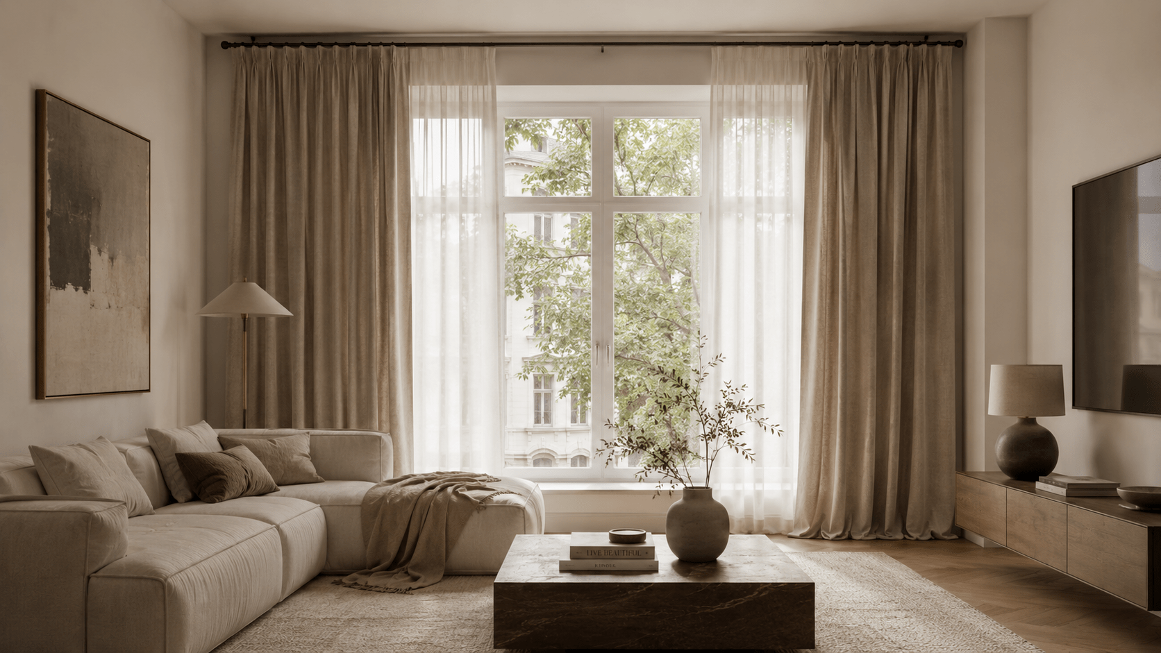 Elegantes Wohnzimmer mit deckenhohen, breiten Vorhängen und ruhiger, hochwertiger Einrichtung.