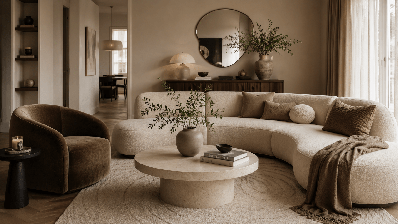 Elegantes Wohnzimmer mit rundem Sofa, weichem Sessel, ovalem Tisch und organischem Spiegel.