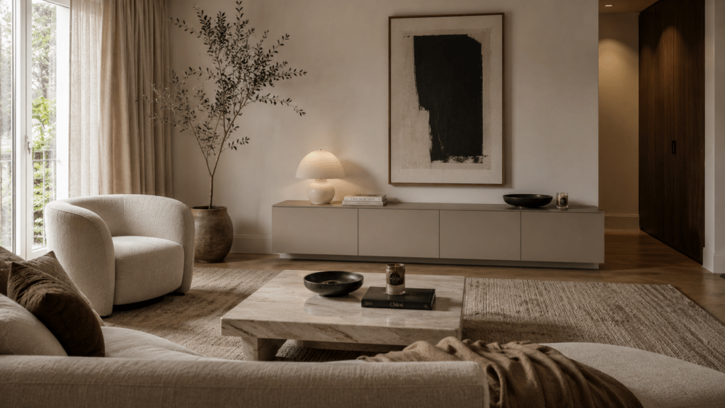 Aufgeräumtes Wohnzimmer mit freien Flächen, geschlossenem Sideboard und ausgewählter minimalistischer Dekoration.