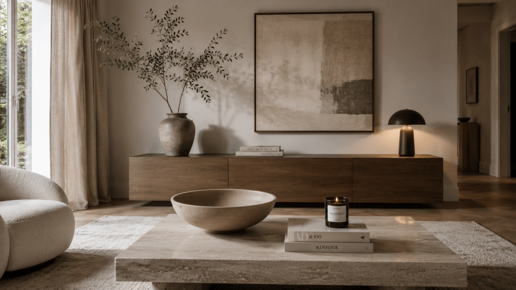 Elegantes Wohnzimmer mit großer Steinschale, hoher Vase und bewusst reduzierter Dekoration.