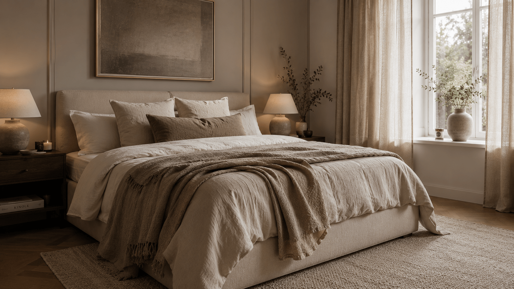 Elegantes Schlafzimmer mit mehrlagiger Bettwäsche, Plaid und Kissen in warmen Naturtönen.