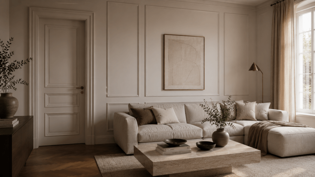 Elegantes Wohnzimmer mit Wandpaneelen, Zierleisten und gestrichener Tür in warmem Beige.
