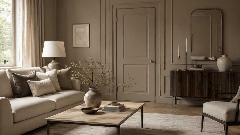 Elegantes Wohnzimmer in warmem Taupe mit Ton in Ton gestrichenen Wänden, Zierleisten und Tür, ergänzt durch helle Polstermöbel, Holzmöbel und dezente Messingdetails.