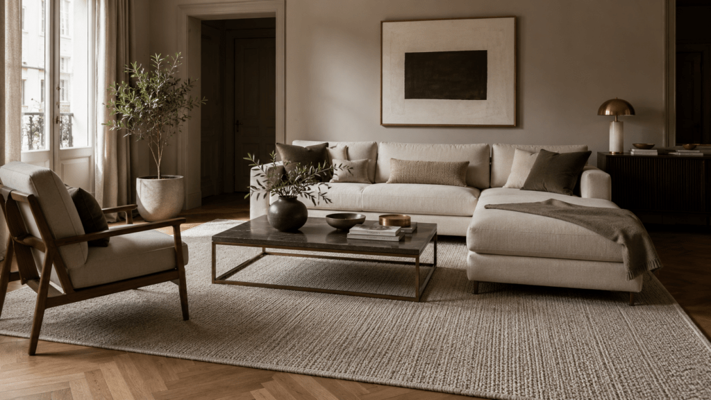 Großzügiges Wohnzimmer mit großem Naturfaserteppich, der Sofa, Sessel und Couchtisch verbindet.