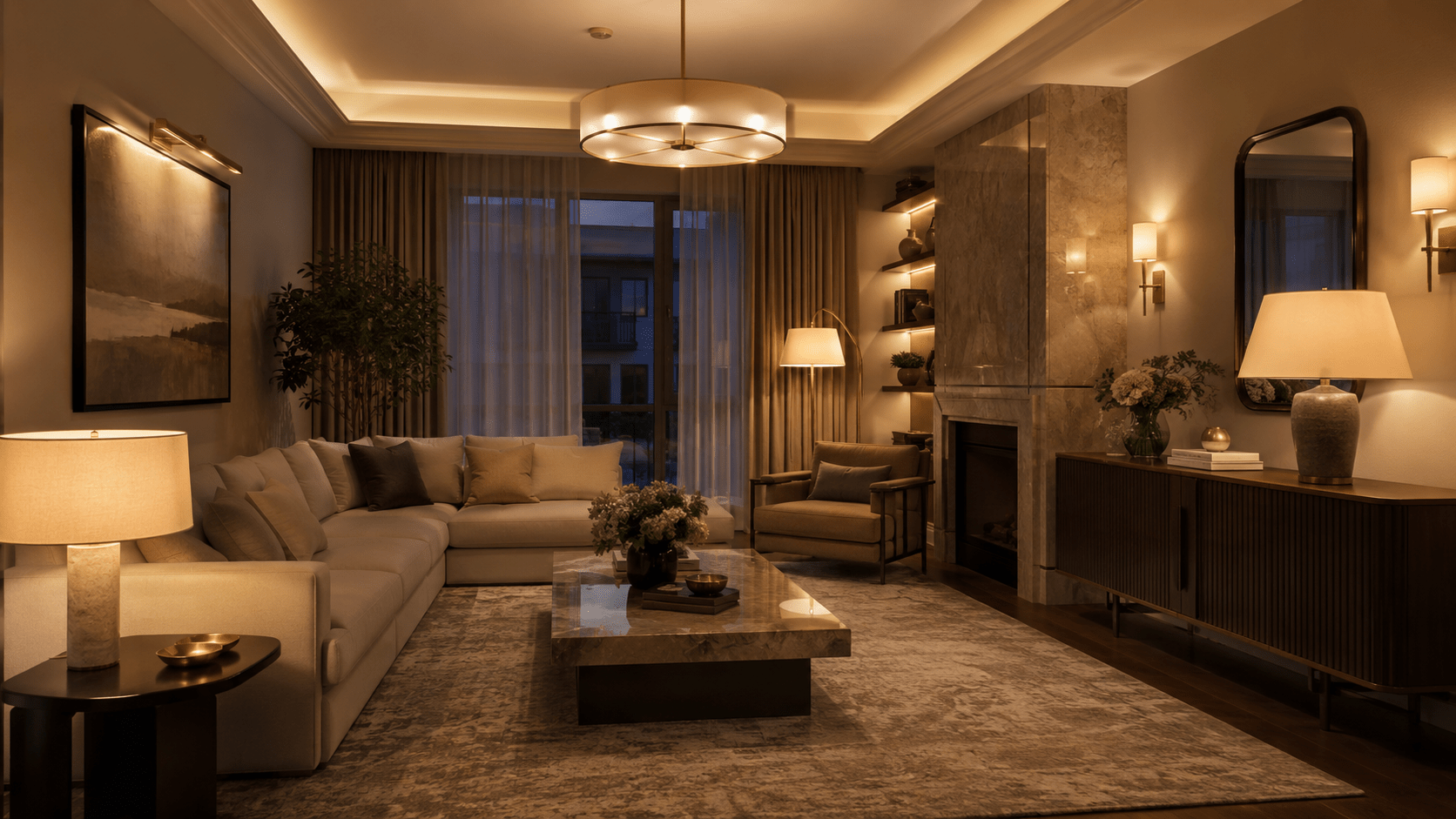 Gemütliches Wohnzimmer in warmen Naturtönen mit mehreren Lichtquellen wie Deckenleuchte, Tischlampen, Wandleuchten, Stehlampe und beleuchteten Regalen, ergänzt durch beiges Sofa, großen Teppich, Couchtisch, Kamin und dunkles Sideboard.