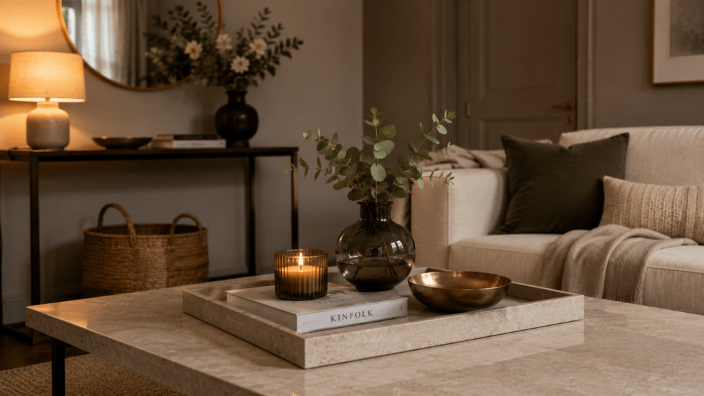 Elegantes Wohnzimmer mit dekoriertem Tablett, Kerze, Buch, Vase und Messingschale.