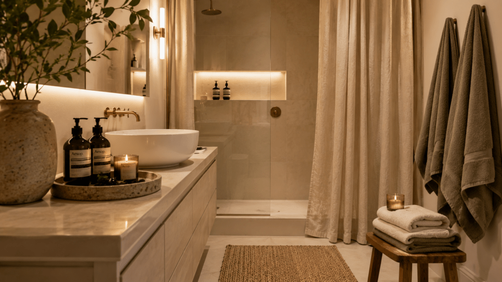 Warmes Spa Bad mit cremefarbenen Textilien, Holzbank, Tablett und sanfter Beleuchtung.