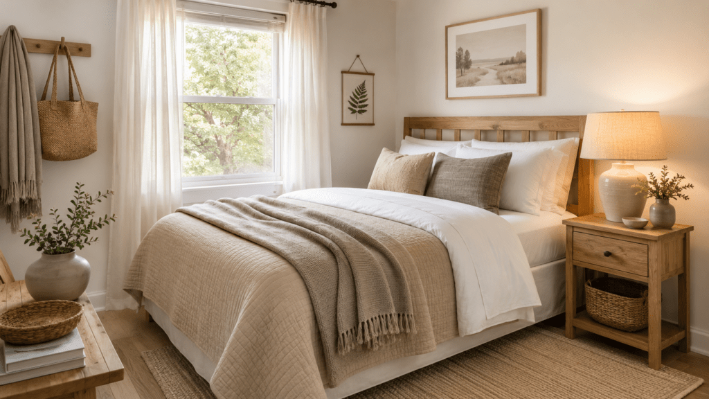 Hyperrealistisches Gästezimmer in sanften Naturtönen mit beigefarbener Tagesdecke, Kissen in Sand und Taupe, Nachttisch aus hellem Holz, Keramiklampe und hellem Teppich.