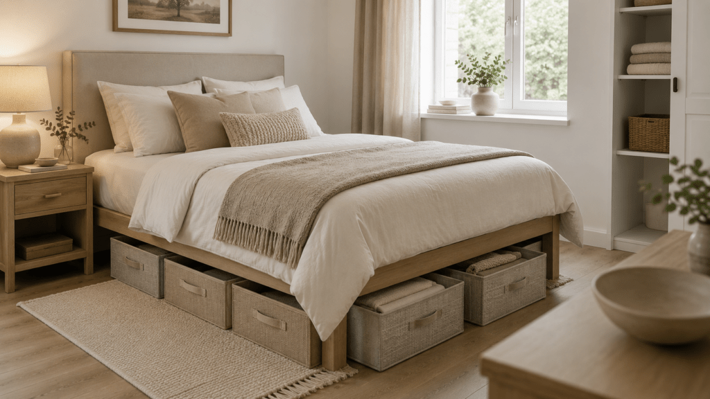 Helles Gästezimmer mit Bett, Tagesdecke und beigefarbenen Stoffboxen als Stauraum.