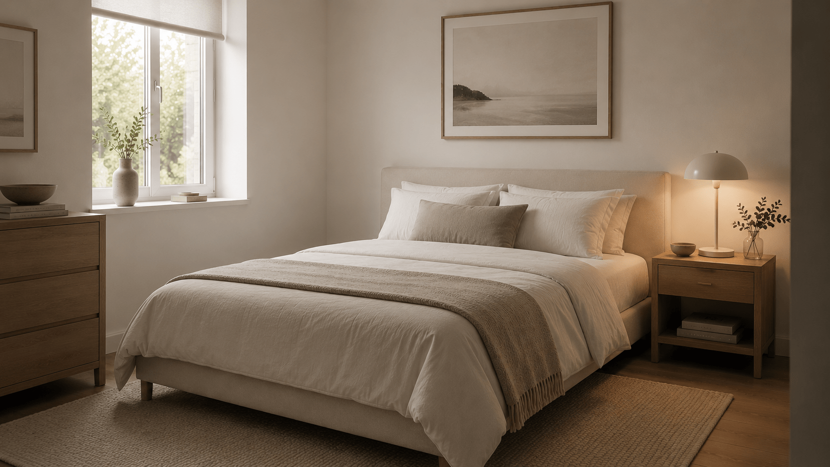 Minimalistisches Gästezimmer mit Greige-Bettwäsche, Wollteppich, Holz-Nachttisch und großer Leuchte.