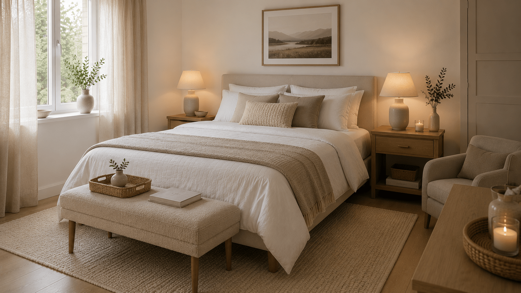 Gästezimmer mit gepolsterter Bouclé-Bank, heller Bettwäsche und warmen Naturtönen.
