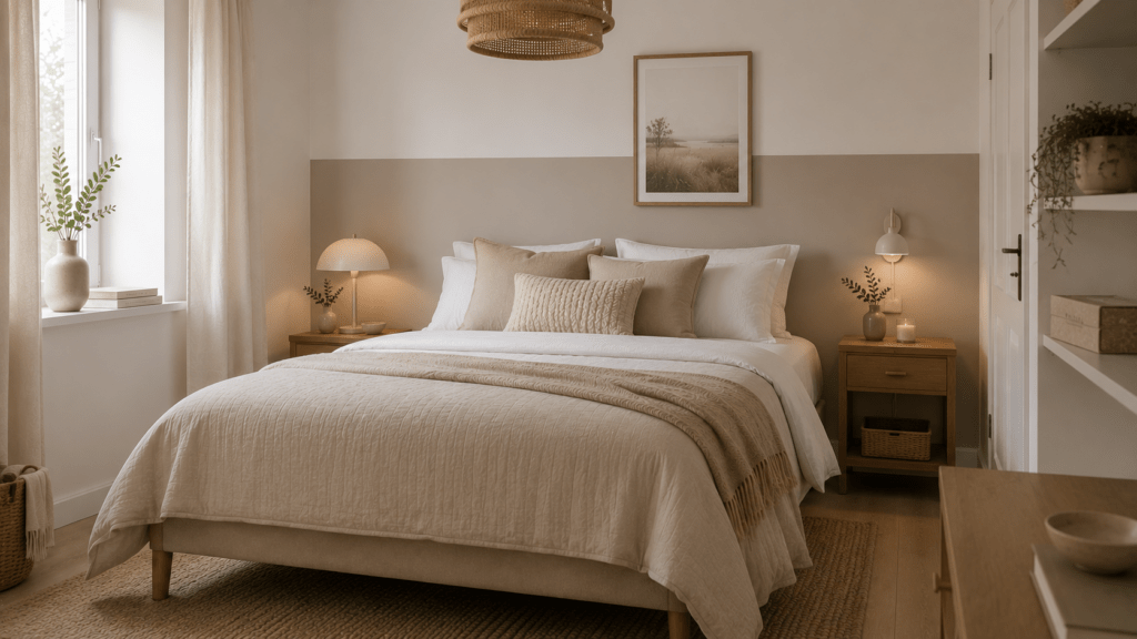 Gästezimmer mit halbhoher Greige-Farbwand, hellem Bett und warmen Naturtönen.