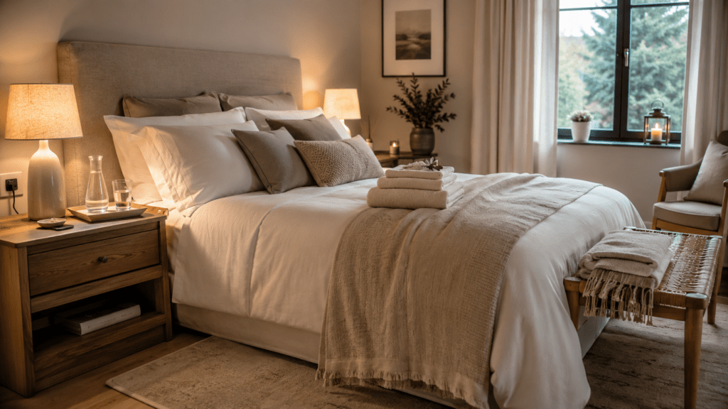 Gemütliches Gästezimmer mit frischen Handtüchern auf dem Bett, Wasserkaraffe und Glas auf dem Nachttisch, warmer Beleuchtung und griffbereiter Decke.