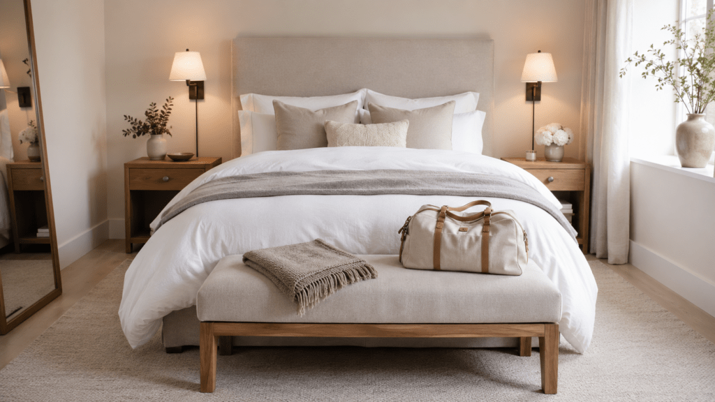 Helles Gästezimmer im Hotelstil mit weißer Bettwäsche, symmetrischen Wandlampen, Holznachttischen und gepolsterter Bank am Fußende.