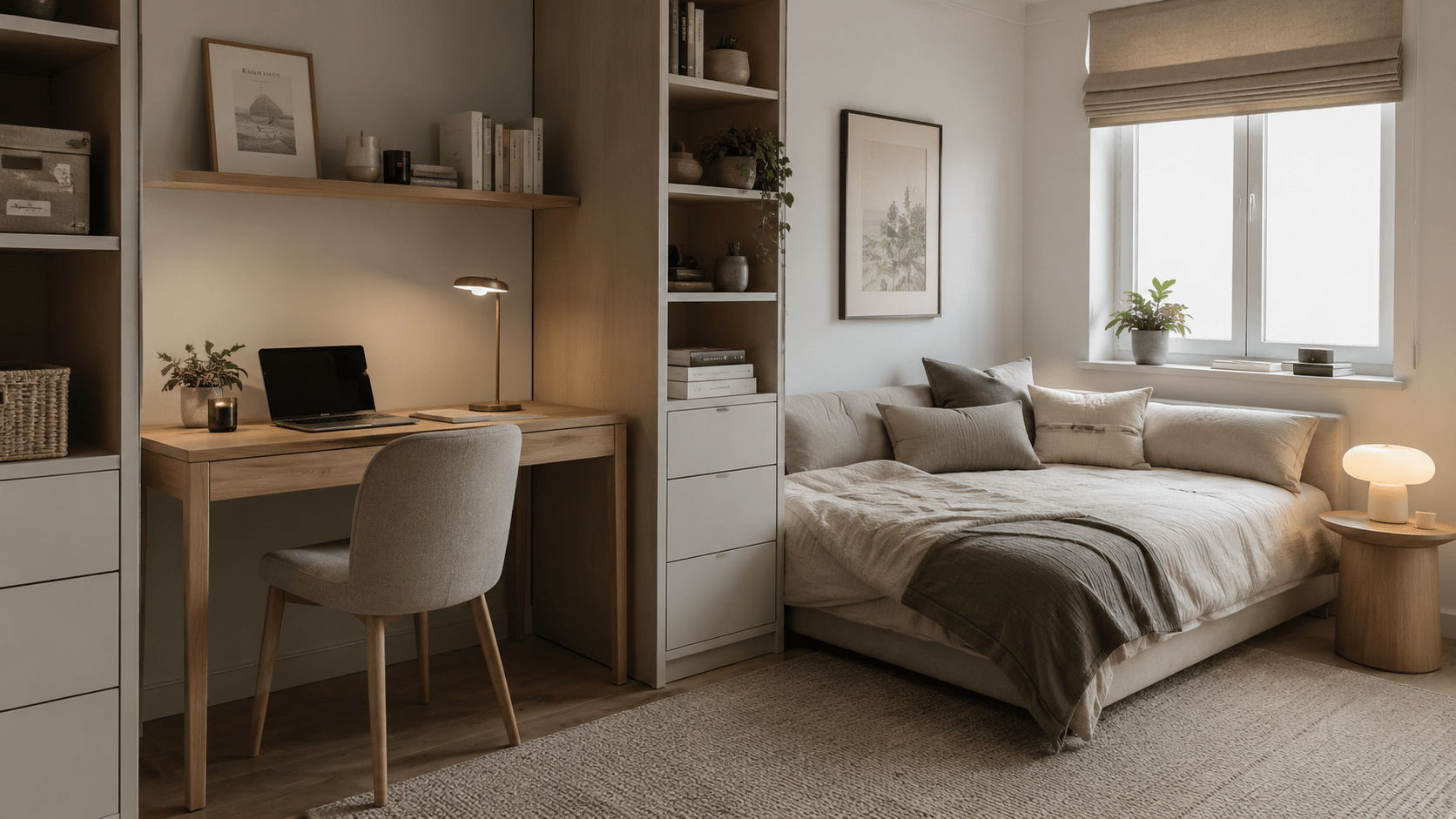 Helles Gästezimmer mit Arbeitsplatz, Schlafsofa, Holzmöbeln und salbeigrünen Textilien.