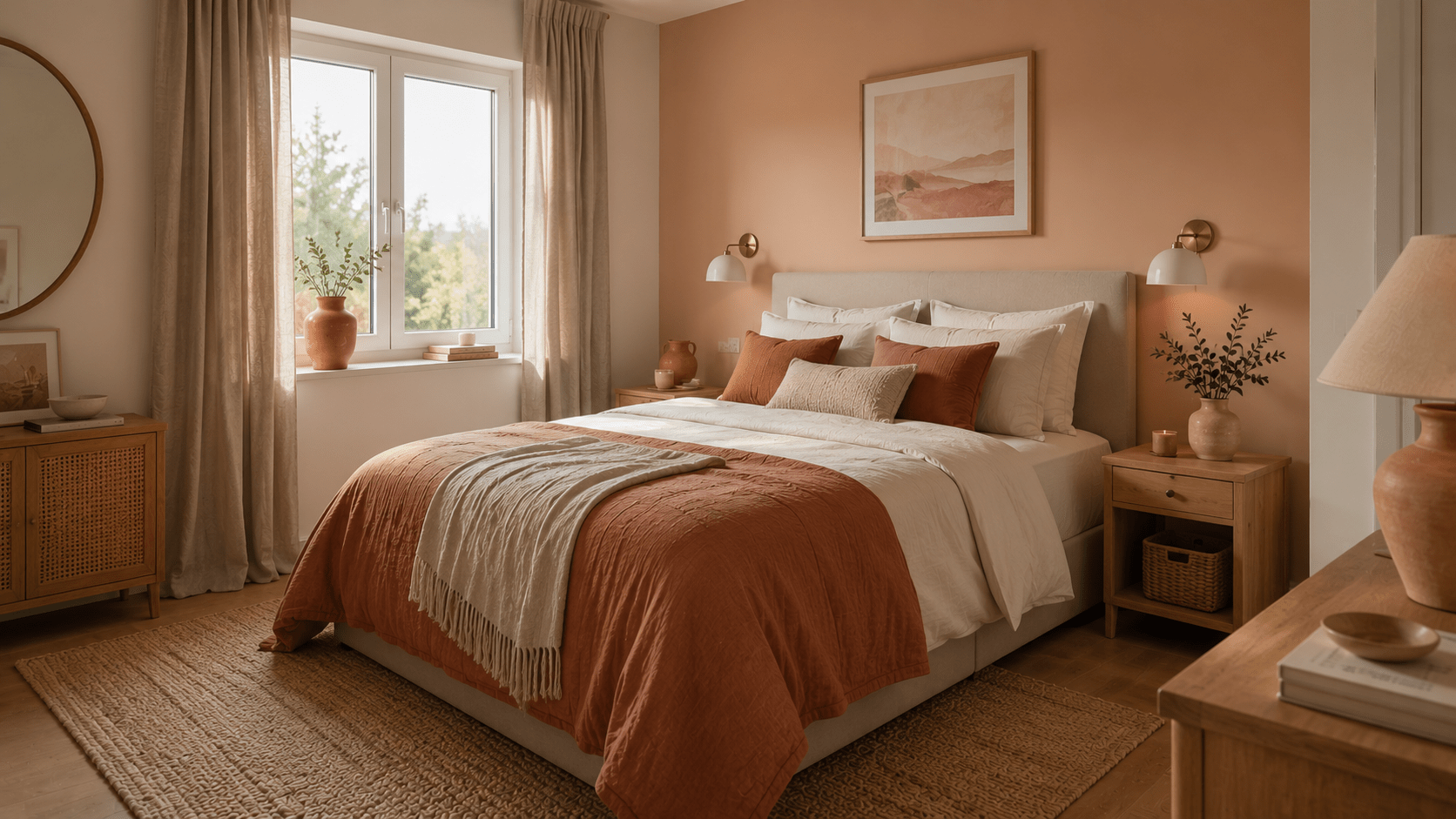 Gemütliches Gästezimmer mit Terrakottadecke, Leinen­vorhängen, Holzmöbeln und warmen Naturmaterialien.