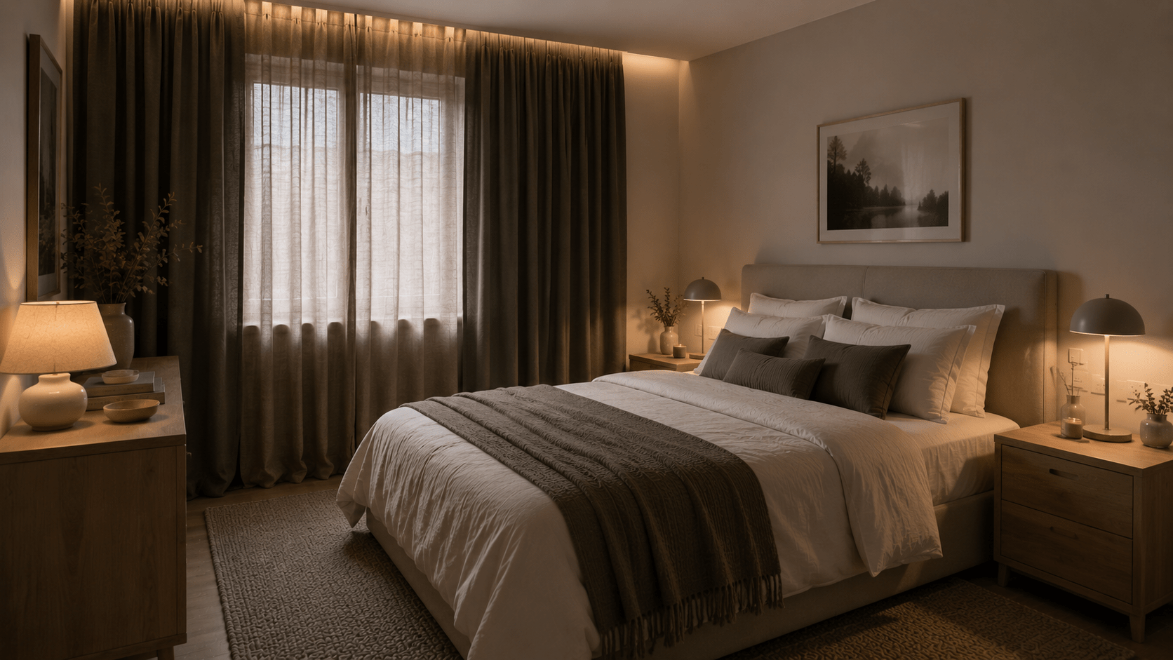 Elegantes Gästezimmer mit dunklen Vorhängen, heller Bettwäsche und warmem Licht.