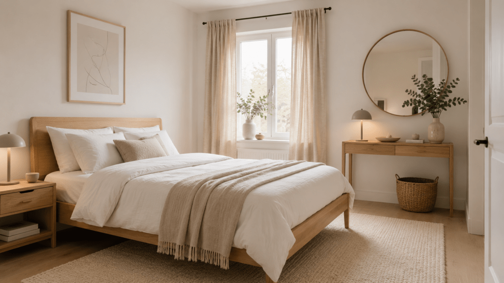 Helles skandinavisches Gästezimmer mit Eichenbett, Leinenstoffen, Creme-Teppich und rundem Spiegel.