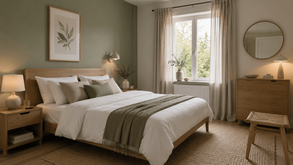Natürliches Gästezimmer mit salbeigrüner Akzentwand, Eichenmöbeln und weißen Textilien.
