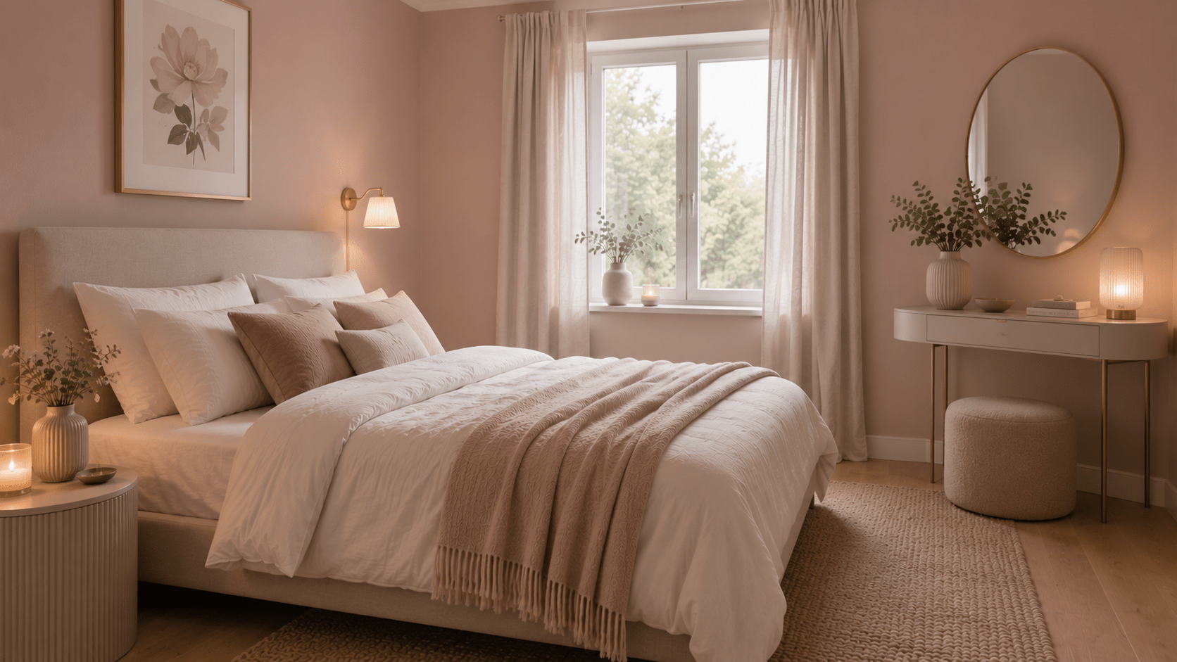 Romantisches Gästezimmer in Altrosa, Creme und Taupe mit weichen Textilien.