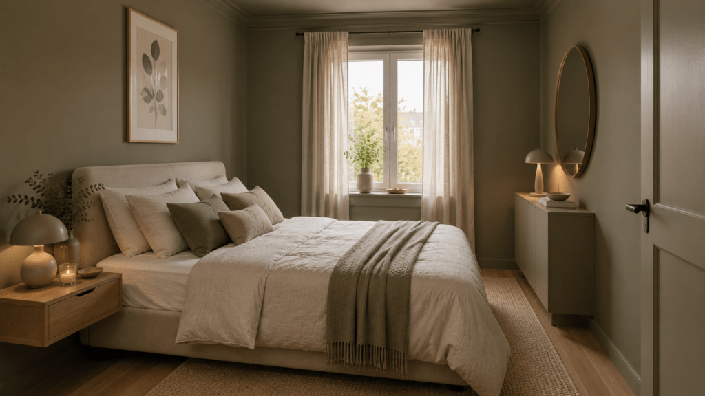 Kleines Gästezimmer mit olivfarbenem Color Drenching, heller Bettwäsche und strukturierten Stoffen.