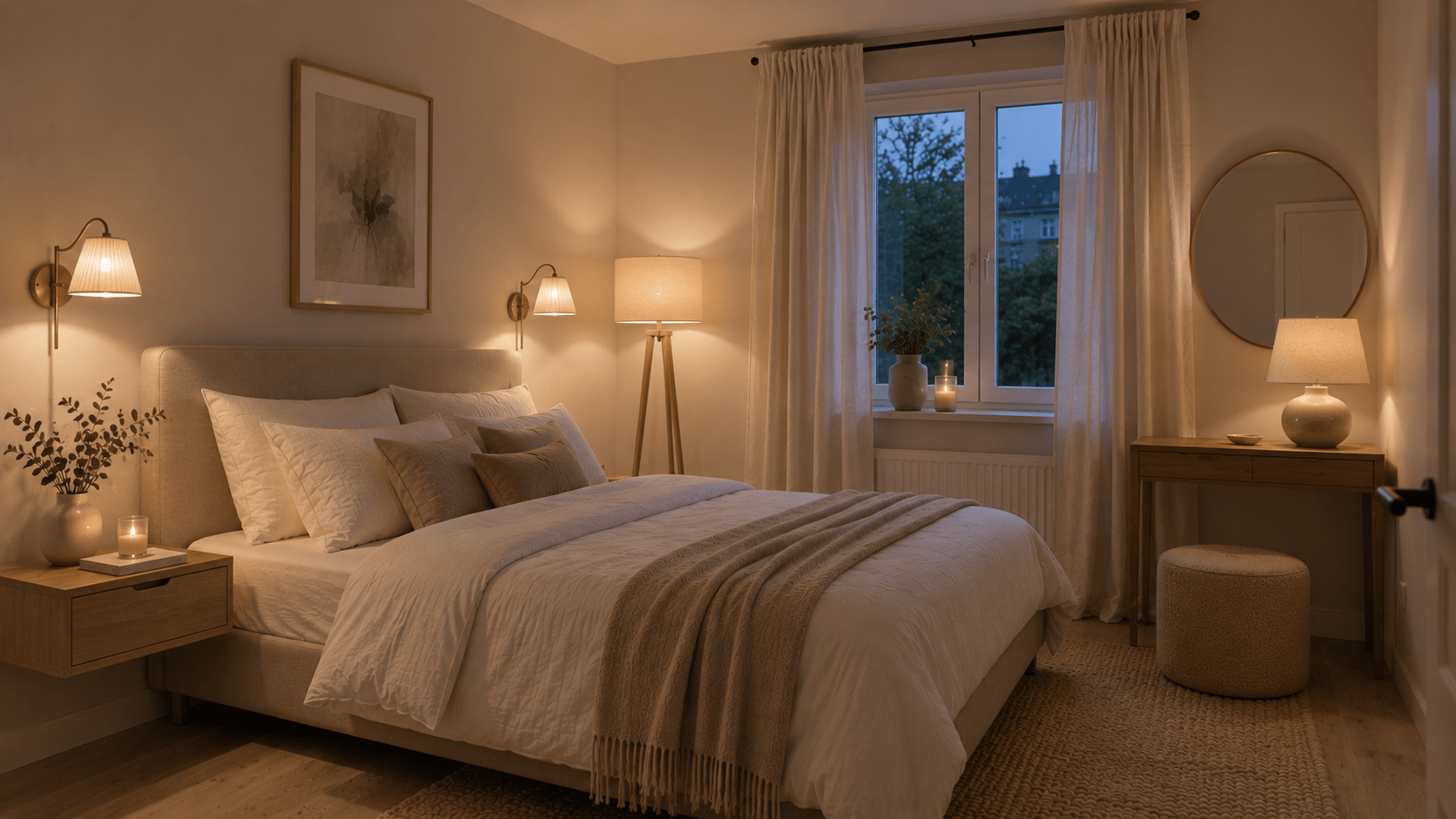 Gemütliches Gästezimmer mit Wandleuchten, Stehlampe und warmem Abendlicht.