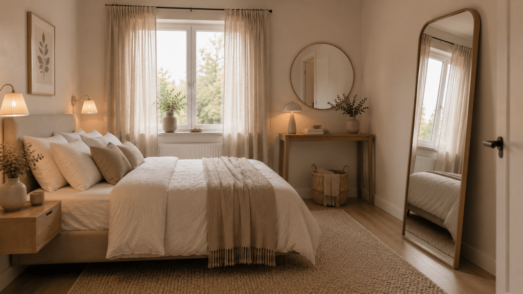 Helles Gästezimmer mit großem Holzspiegel, der Tageslicht reflektiert.
